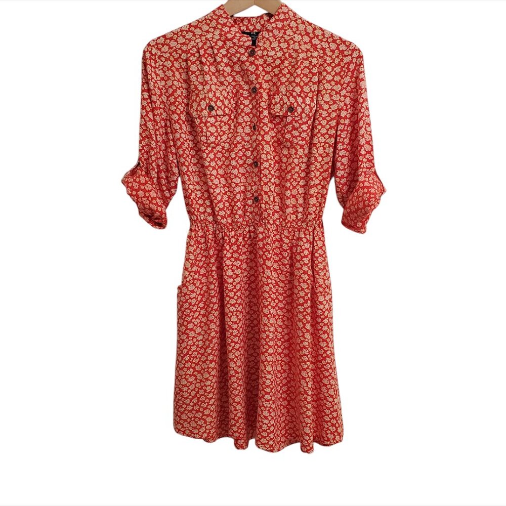 ANGIE Womens Mini Shirt Dress L Roll Tab Sleeve Floral Red Rayon Elastic…